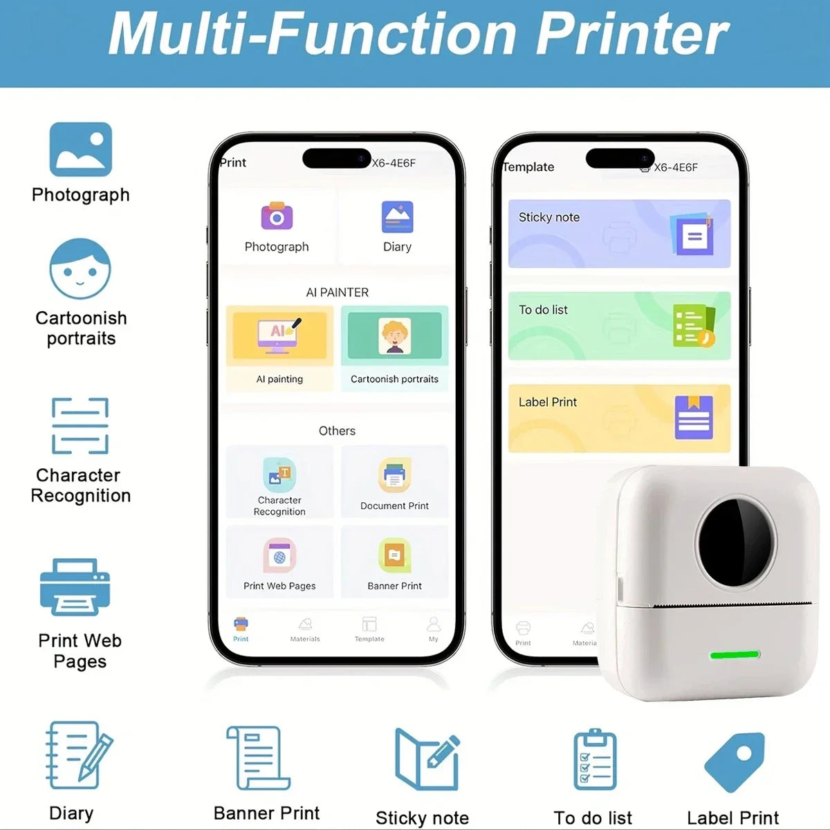 Mini Printer, Portable Thermal Printer, Inkless Sticker Maker, Free Cut Small Pocket Printer for Pictures, Photos, Journals