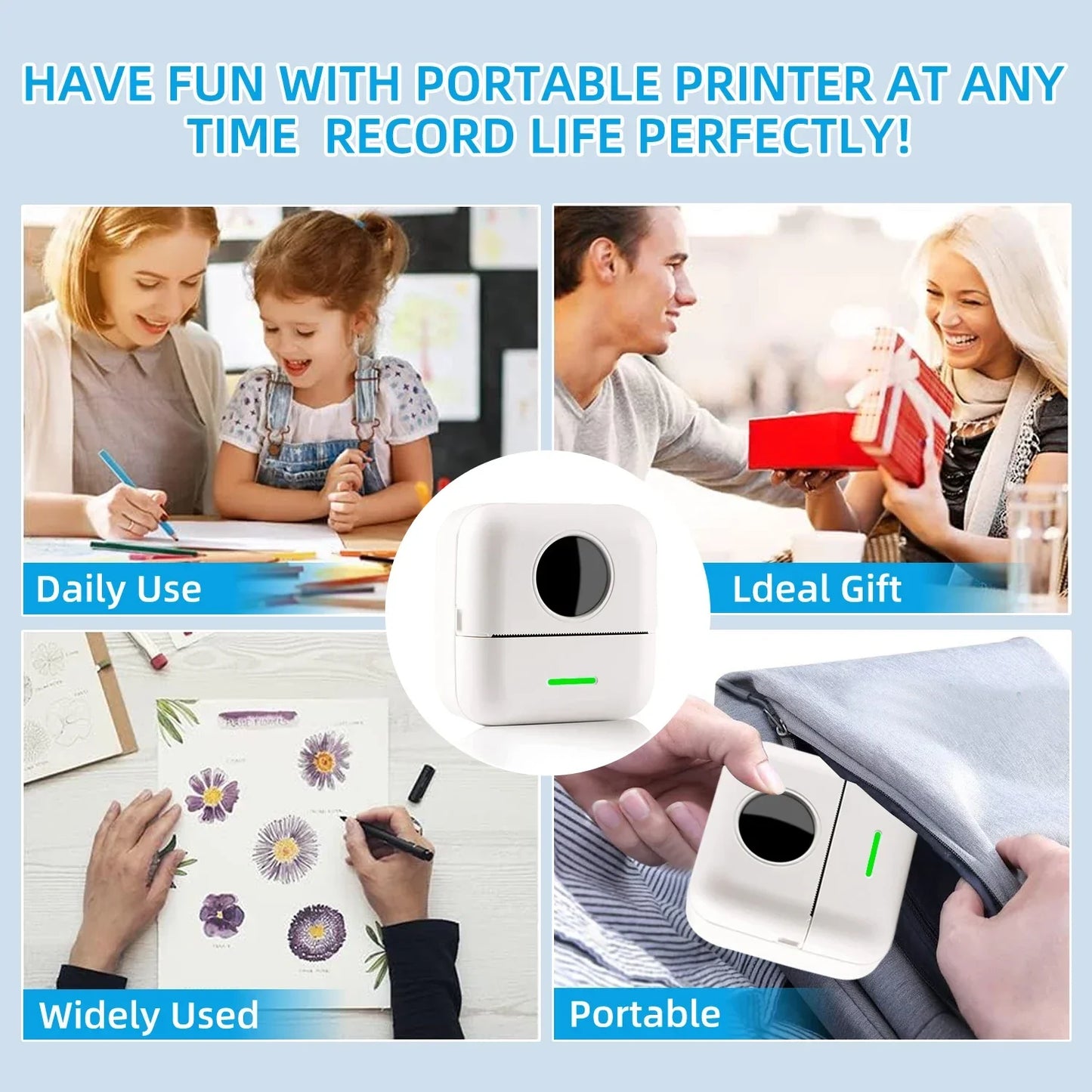 Mini Printer, Portable Thermal Printer, Inkless Sticker Maker, Free Cut Small Pocket Printer for Pictures, Photos, Journals