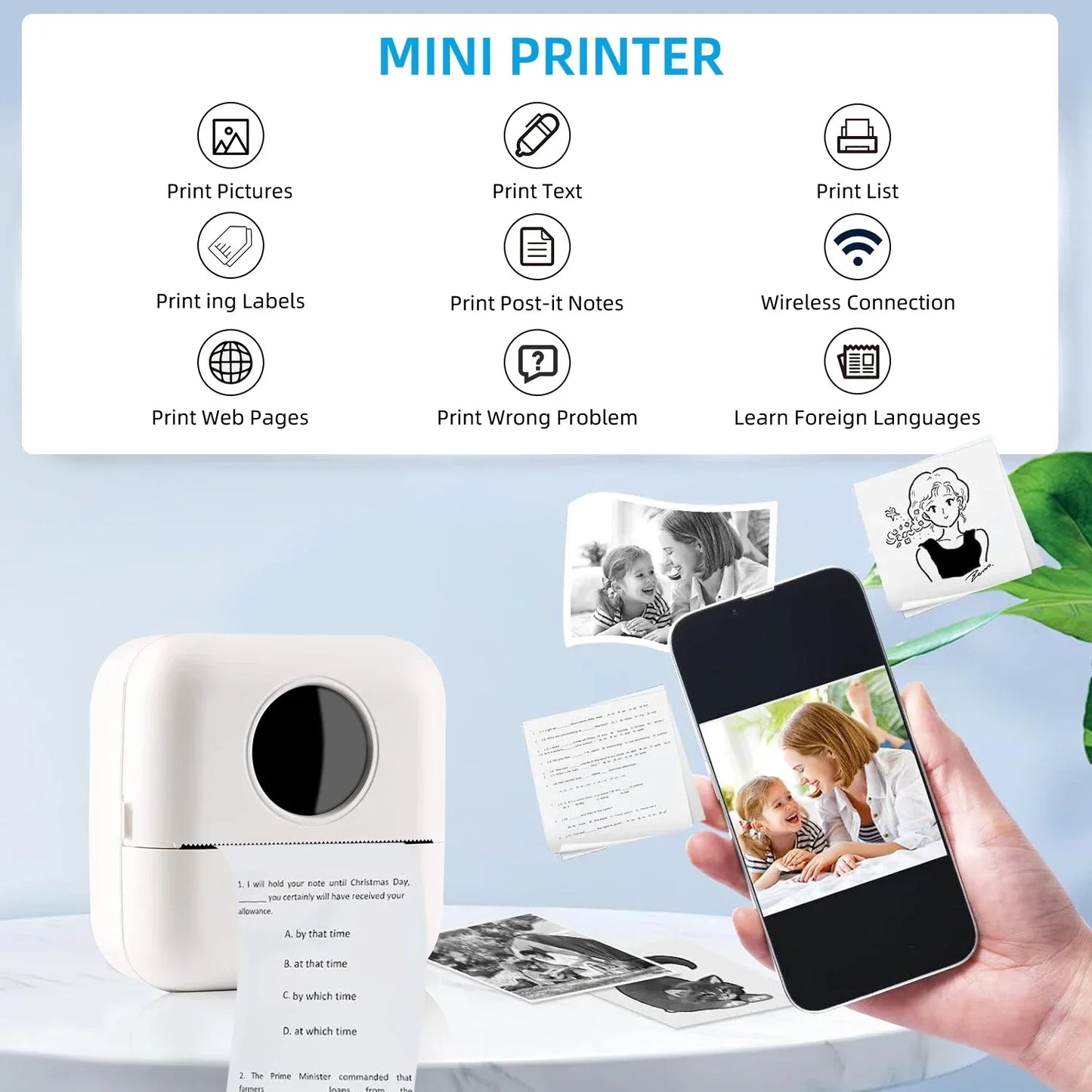 Mini Printer, Portable Thermal Printer, Inkless Sticker Maker, Free Cut Small Pocket Printer for Pictures, Photos, Journals